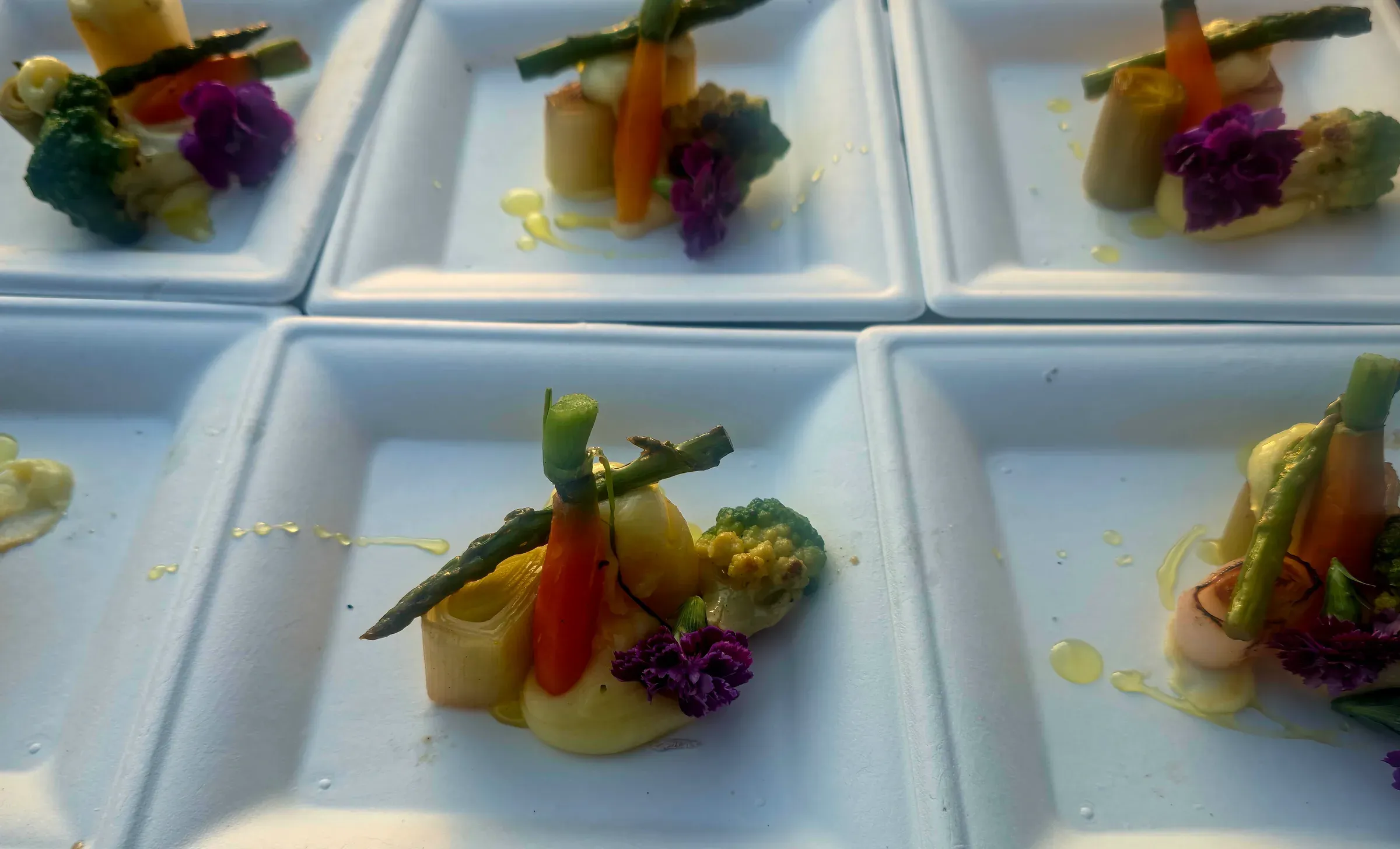 Verfijnd bord met wortel, asperge, romanesco en paarse bloemkool op een crème van aardappel