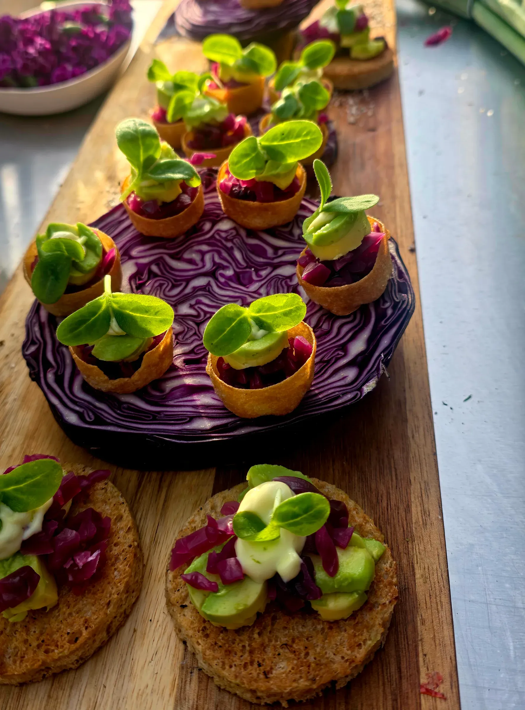 Tartelettes met rodekool en jonge blaadjes, geschikt op een schaal van rodekool